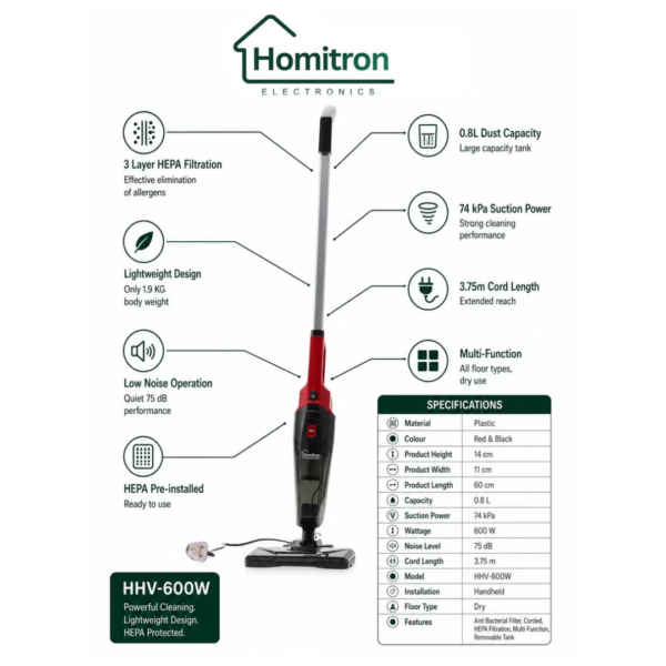 HOMITRON STICK TYPE VACCUM CLEANER-600W